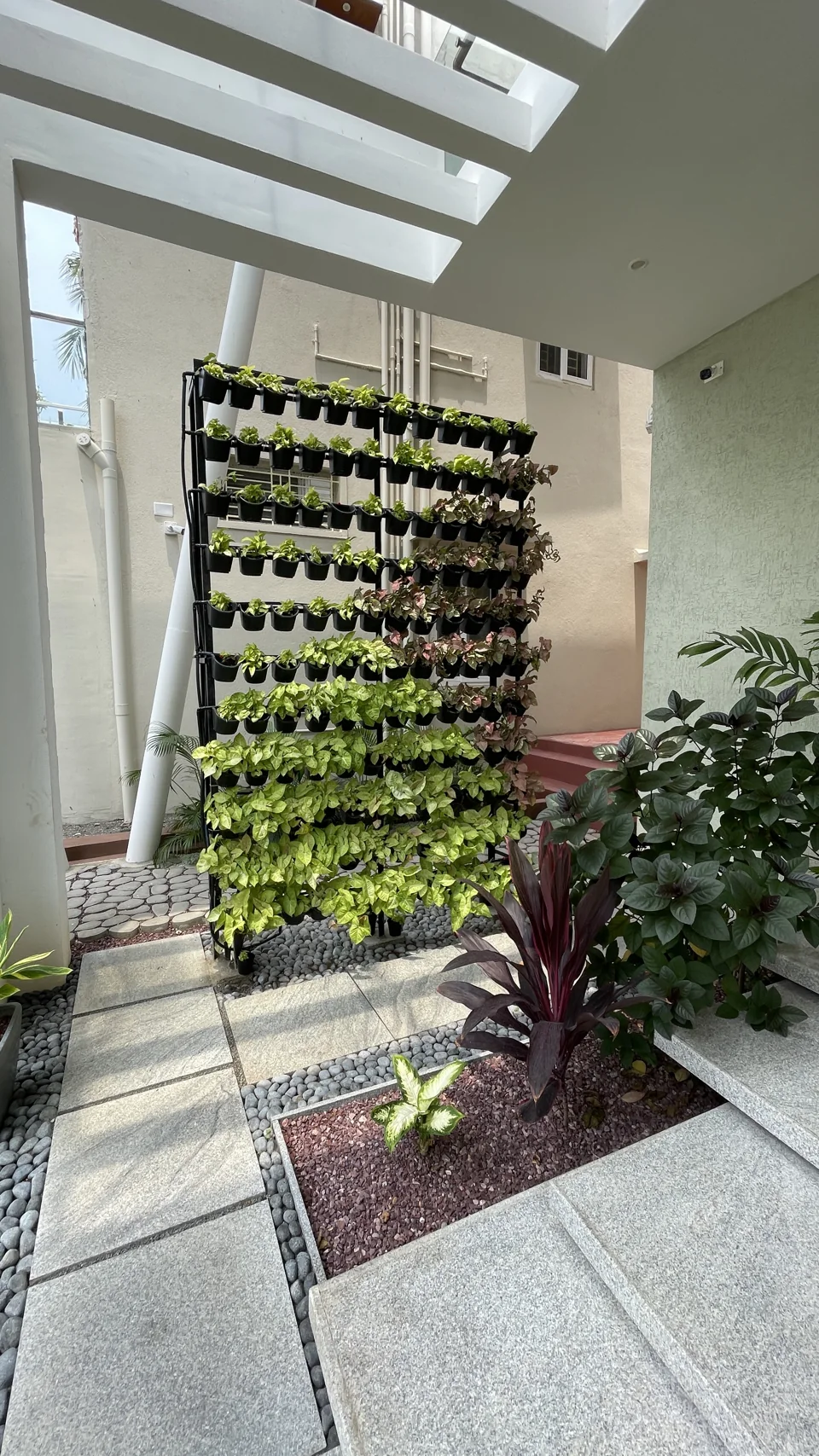 Small landscaped courtyard with a vertical planter, pebble bed and natural daylight