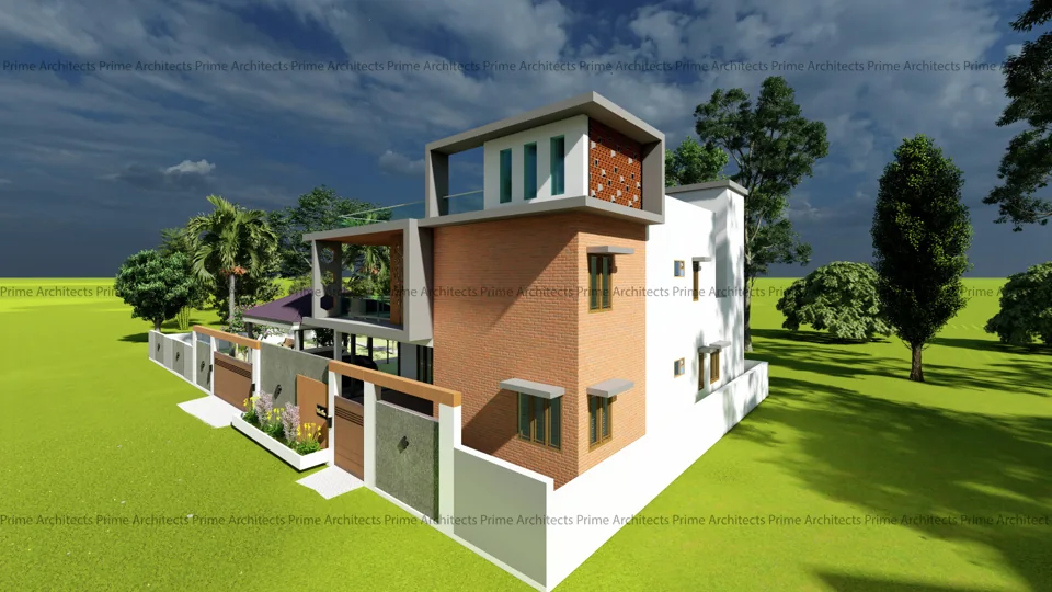 Three-quarter 3D view of a residential elevation and its surrounding landscape