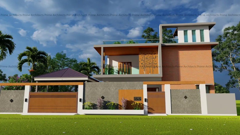 3D visualisation of a residence with terracotta-coloured walls, balcony and boundary gate